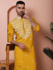 Mustard Embroidered With Mirror Work Silk Kurta With Pyjama Set-JOKP-P