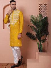 Mustard Embroidered With Mirror Work Silk Kurta With Pyjama Set-JOKP-P