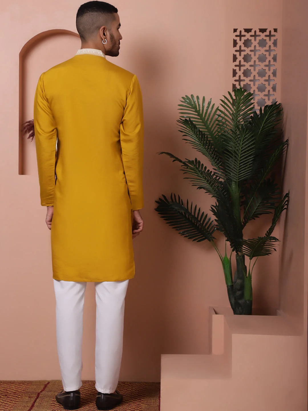Mustard Embroidered Silk Kurta Pajama Set | Mens Kurta Pajama