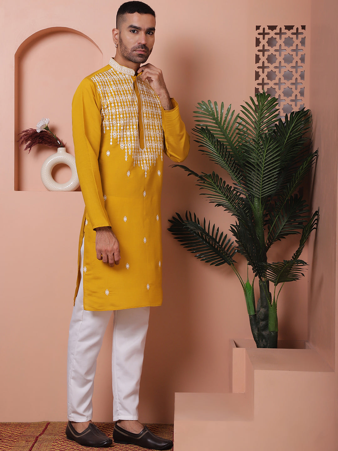 Mustard Embroidered Silk Kurta Pajama Set | Mens Kurta Pajama