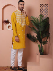 Mustard Embroidered With Mirror Work Silk Kurta With Pyjama Set-JOKP-P