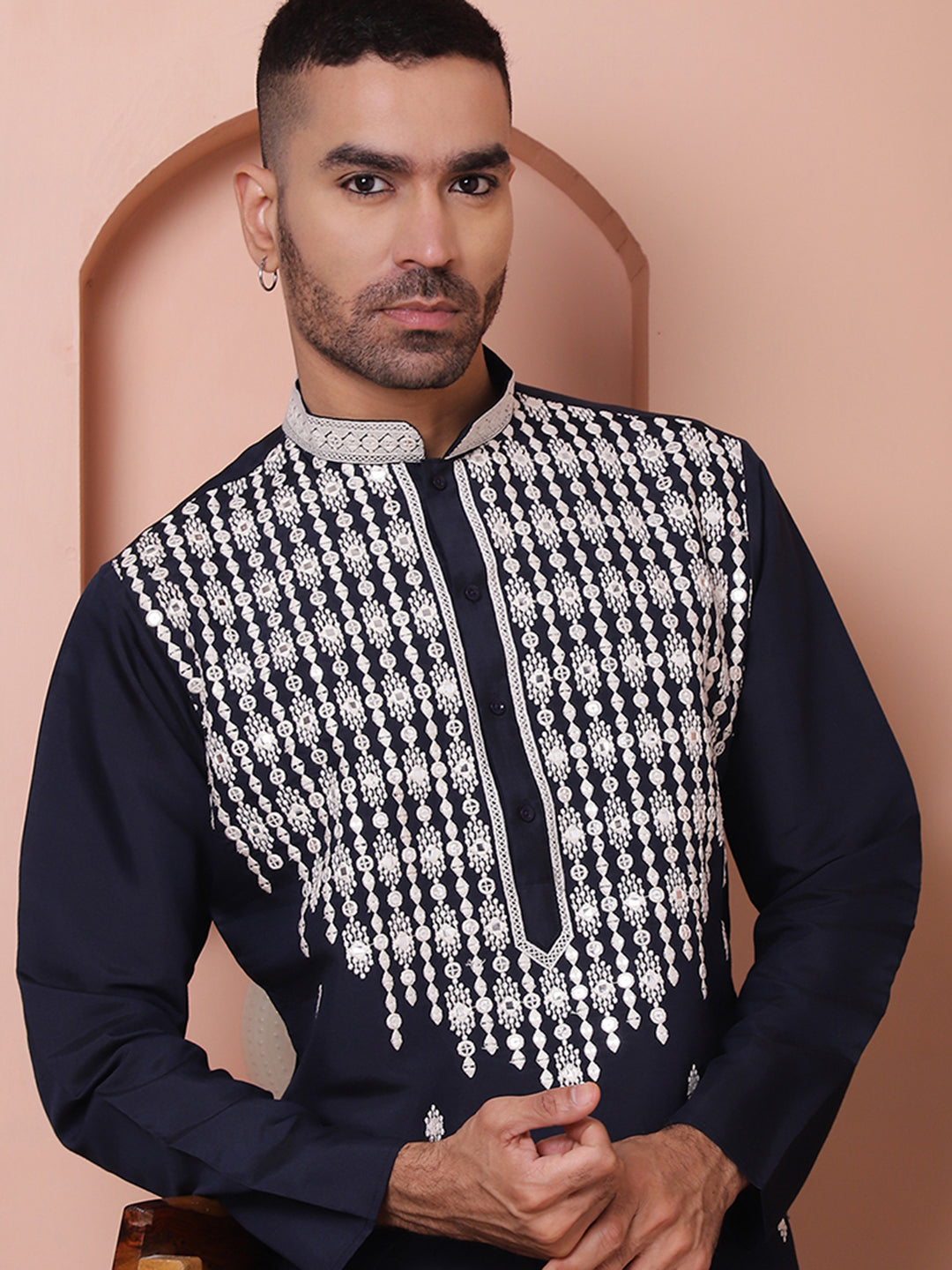 Navy Blue Embroidered With Mirror Work Silk Kurta-KO-5076Navy