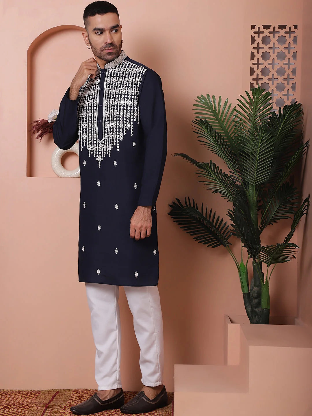 Navy Embroidered Silk Kurta Pajama Set | Mens Kurta Pajama