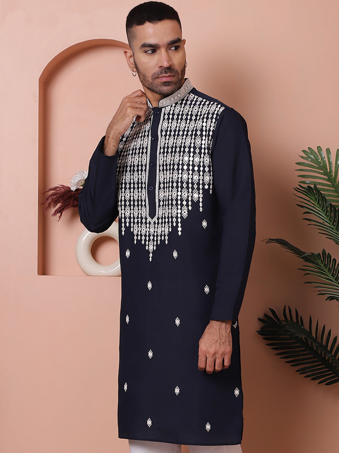 Navy Silk Kurta for Men - Embroidered Indian Kurta Designs