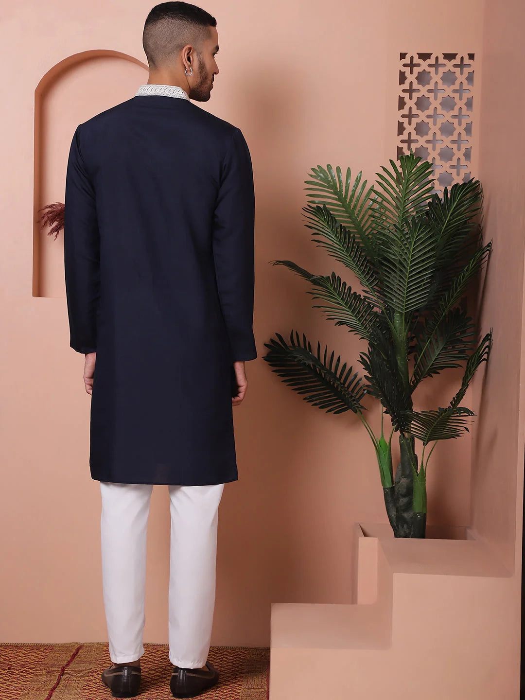 Navy Embroidered Silk Kurta Pajama Set | Mens Kurta Pajama