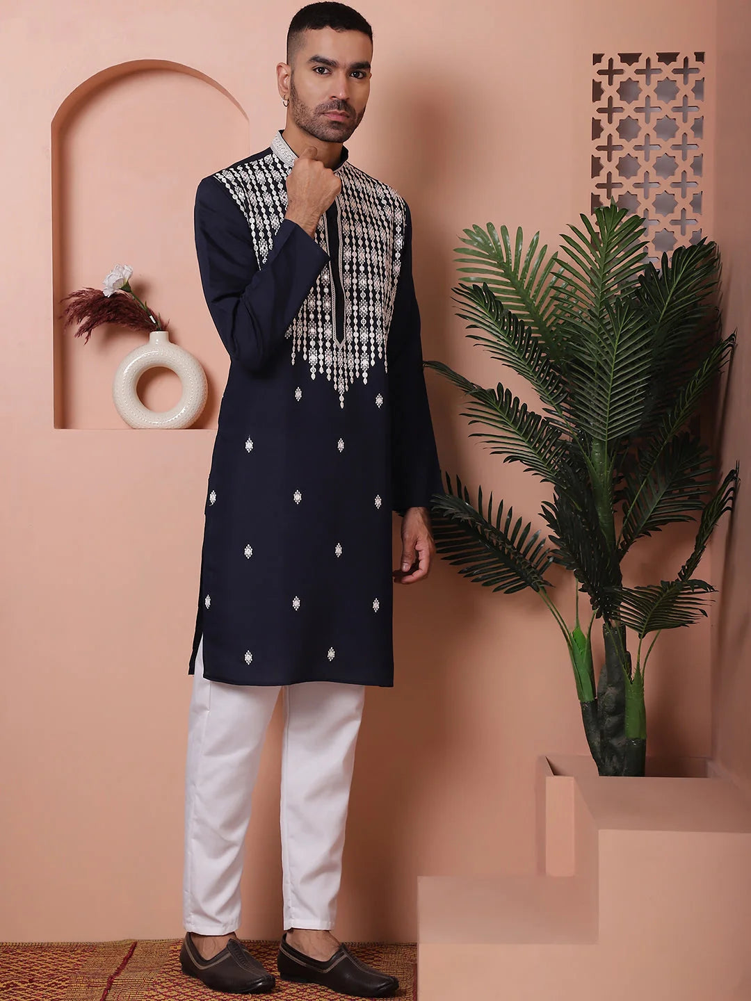 Navy Embroidered Silk Kurta Pajama Set | Mens Kurta Pajama