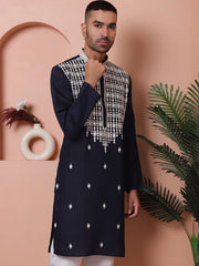 Navy Blue Embroidered With Mirror Work Silk Kurta-KO-5076Navy