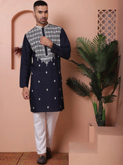 Navy Blue Embroidered With Mirror Work Silk Kurta-KO-5076Navy