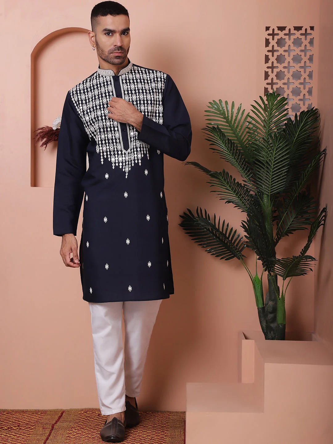 Navy Embroidered Silk Kurta Pajama Set | Mens Kurta Pajama