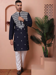 Navy Blue Embroidered With Mirror Work Silk Kurta With Pyjama Set-JOKP-P