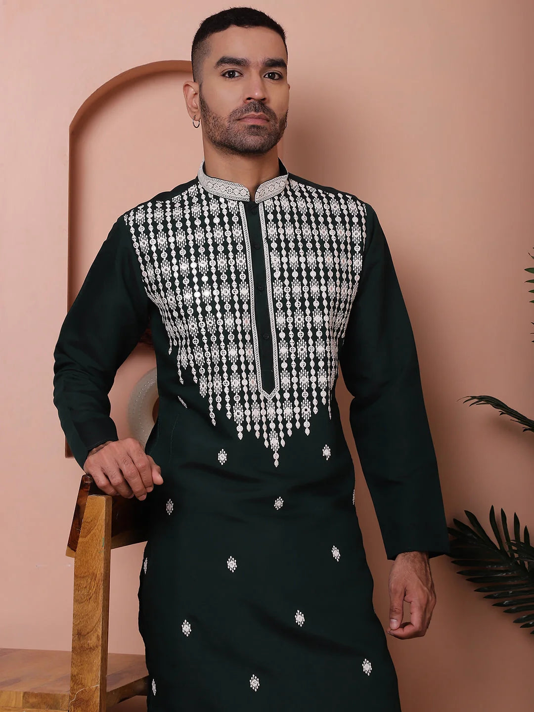 Olive Green Embroidered Silk Kurta Pajama Set With Mirror Work
