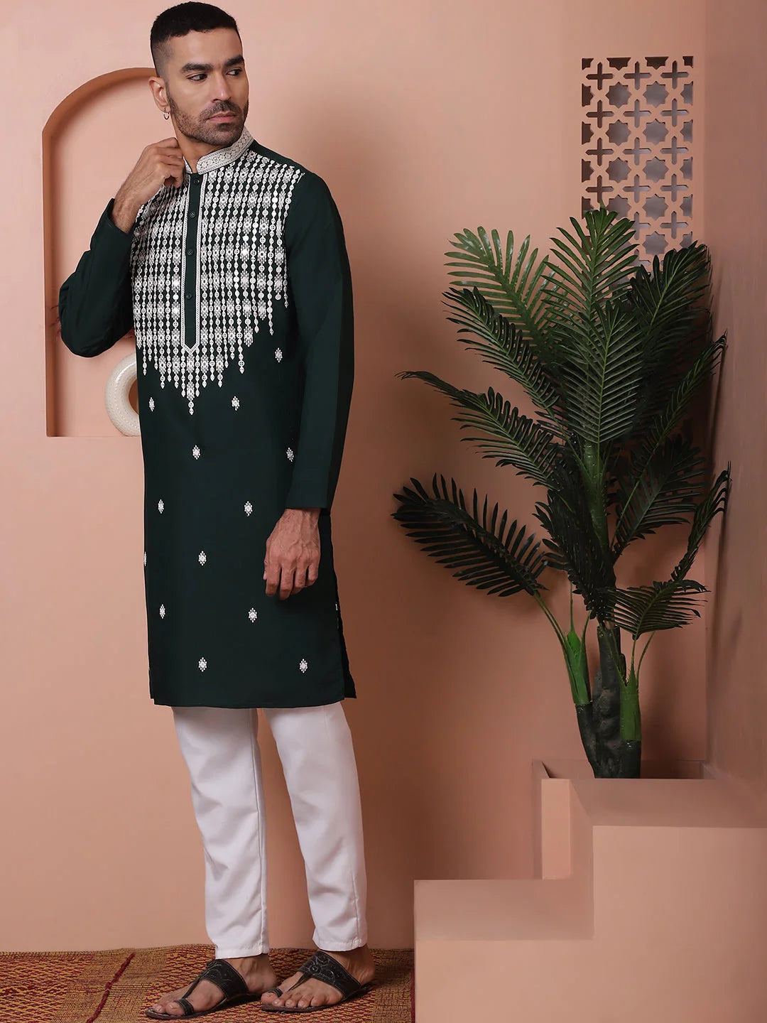 Olive Green Embroidered Silk Kurta Pajama Set With Mirror Work