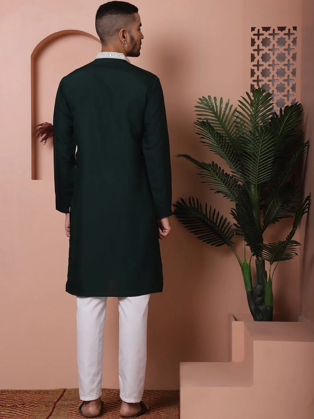 Olive Green Embroidered Silk Kurta Pajama Set With Mirror Work