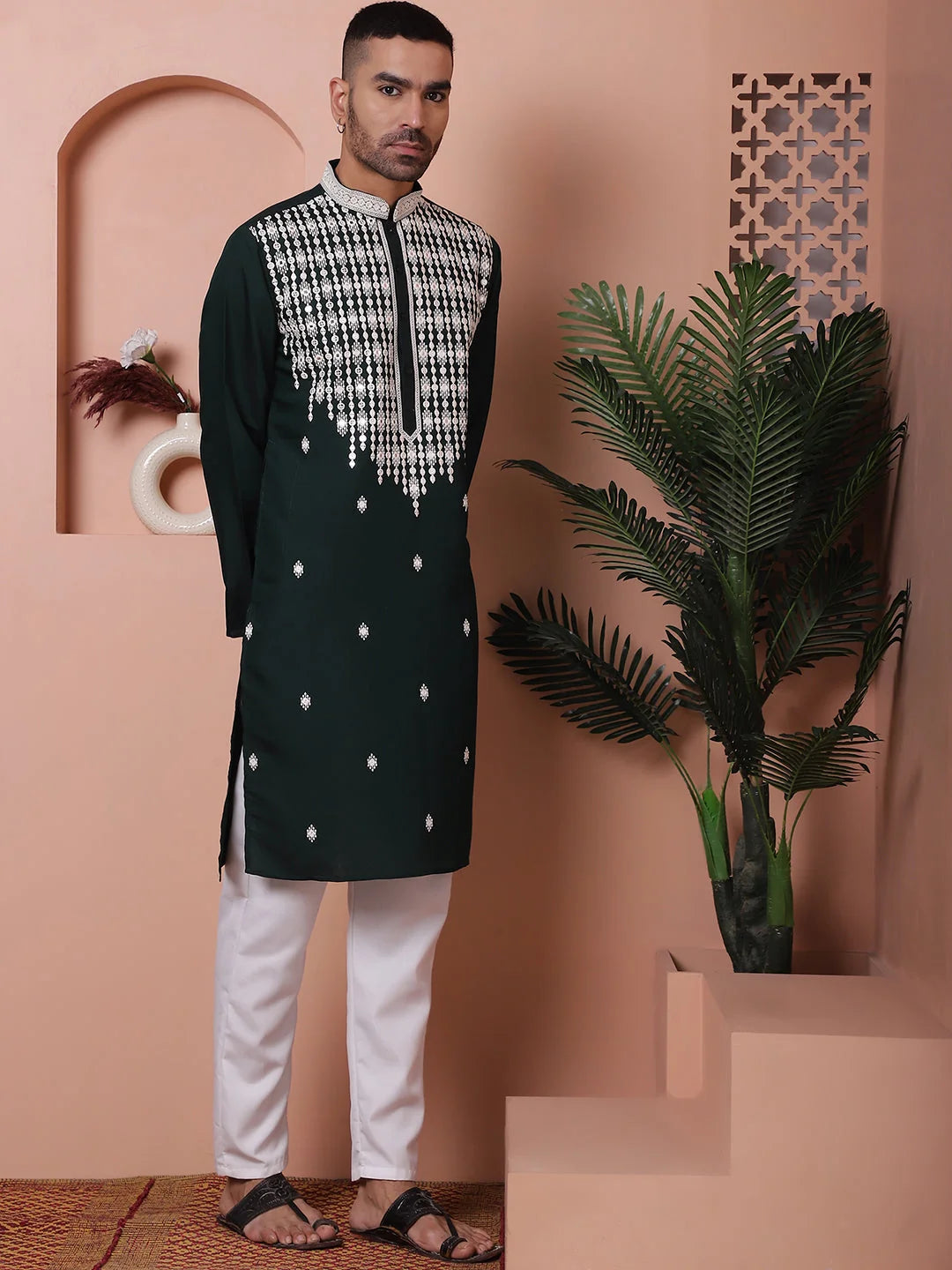 Olive Green Embroidered Silk Kurta Pajama Set With Mirror Work