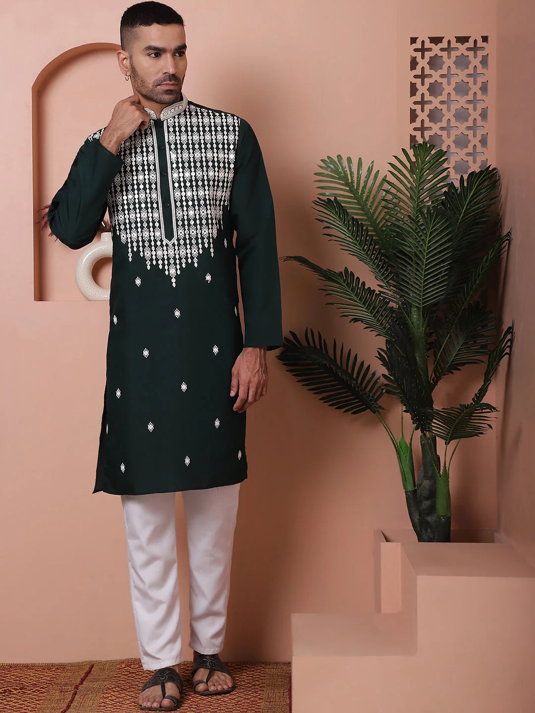 Olive Green Embroidered Silk Kurta Pajama Set With Mirror Work