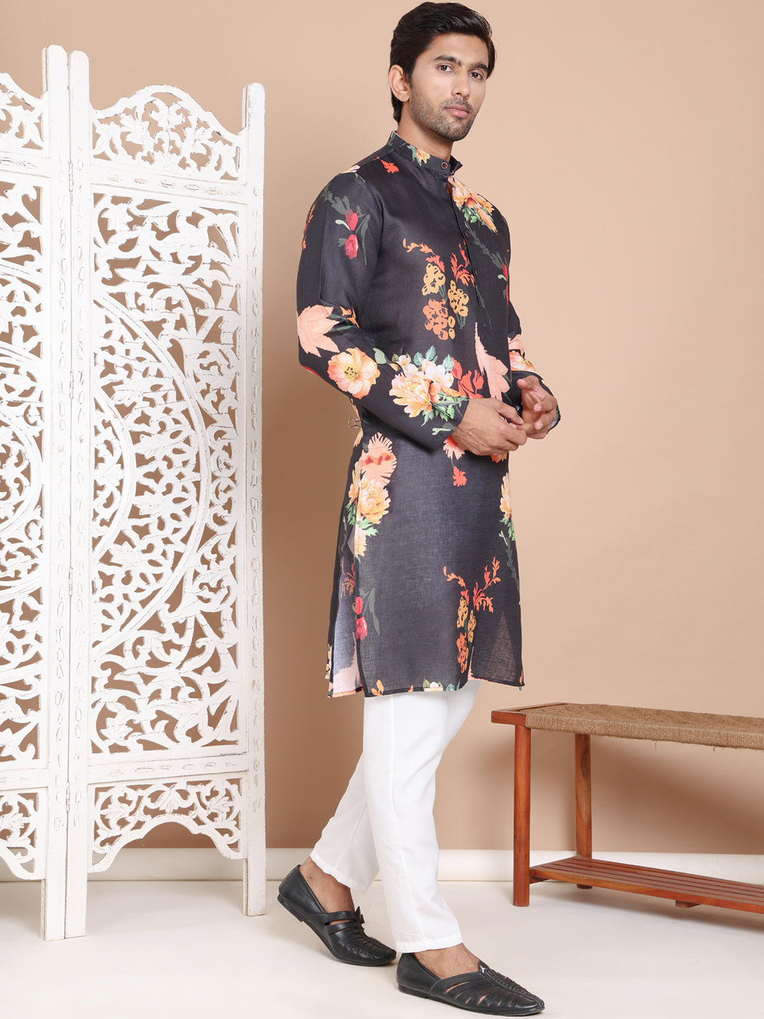 DesiQlo Men Printed Kurta Pyjama Set - Black - JOKP_P_5079Black_S