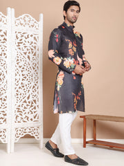 Men's Printed Pure Cotton Kurta Pyjama Set ( JOKP P 5079Black ) [FF] [Q-16-17 & P15]