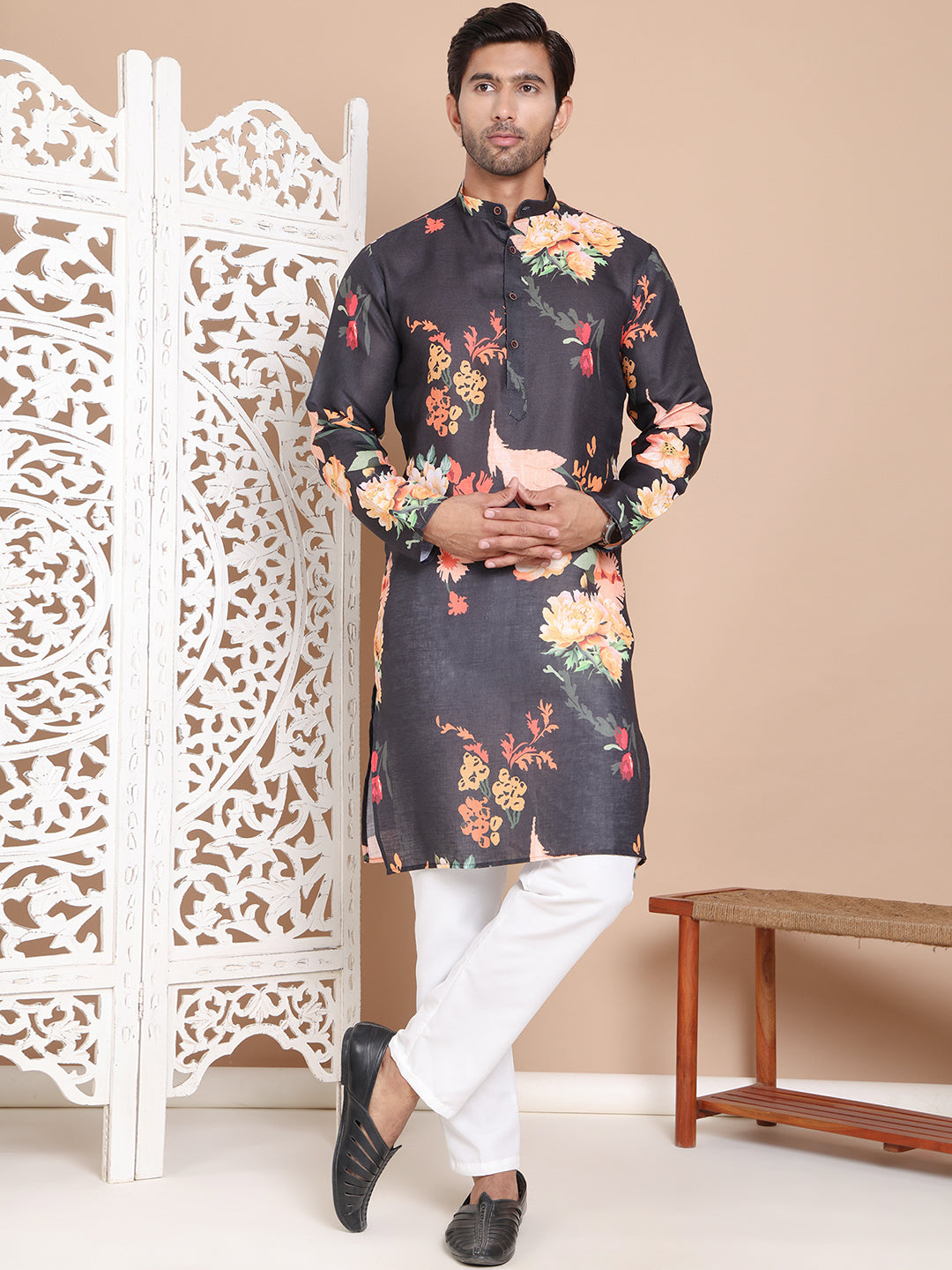 DesiQlo Men Printed Kurta Pyjama Set - Black - JOKP_P_5079Black_S