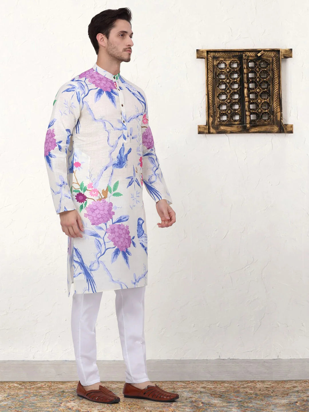 Blue Printed Cotton Kurta Pajama Set | Mens Kurta Pajama
