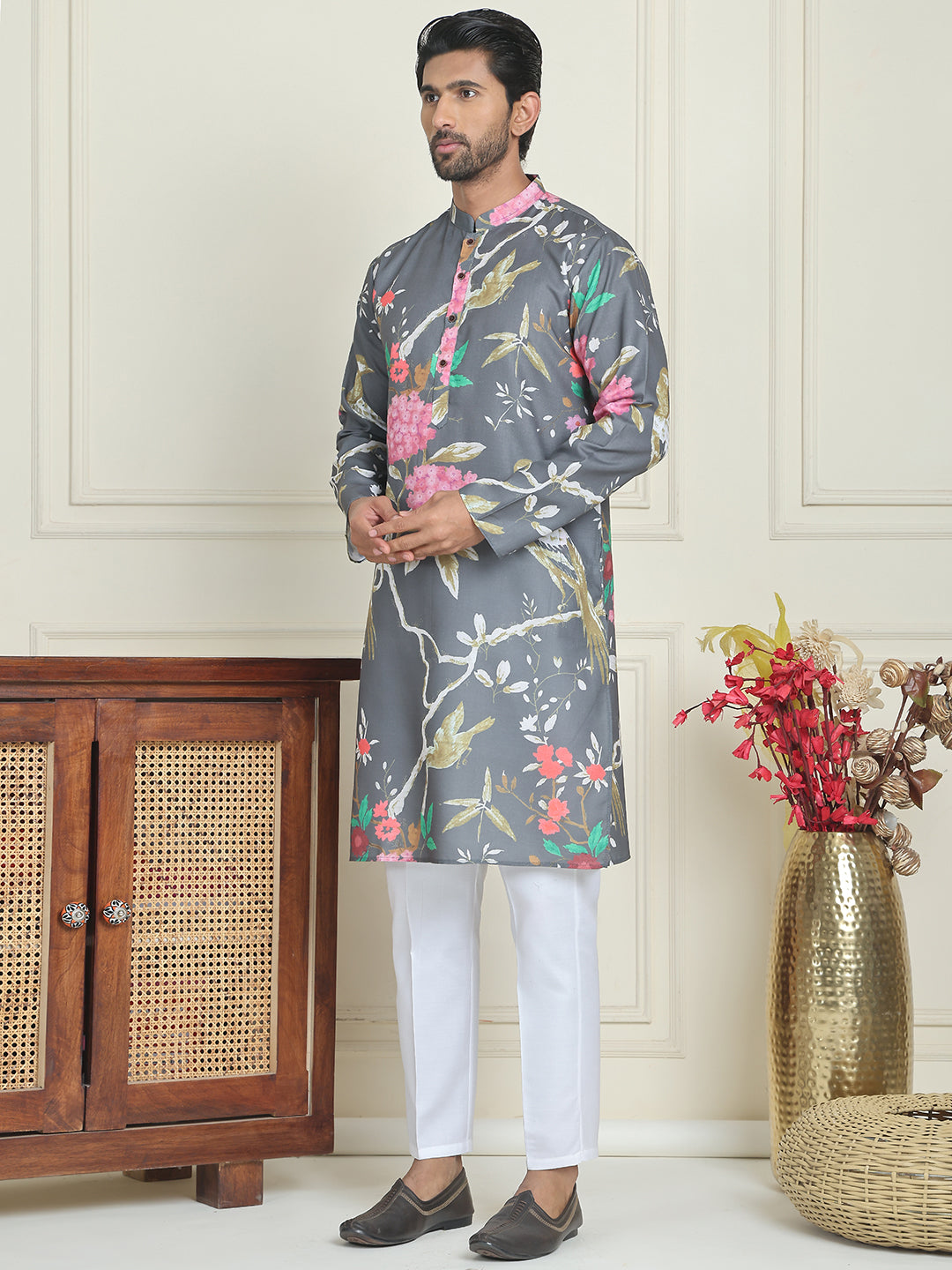DesiQlo Men Printed Kurta Pyjama Set - Grey - JOKP_P_5079Grey_S