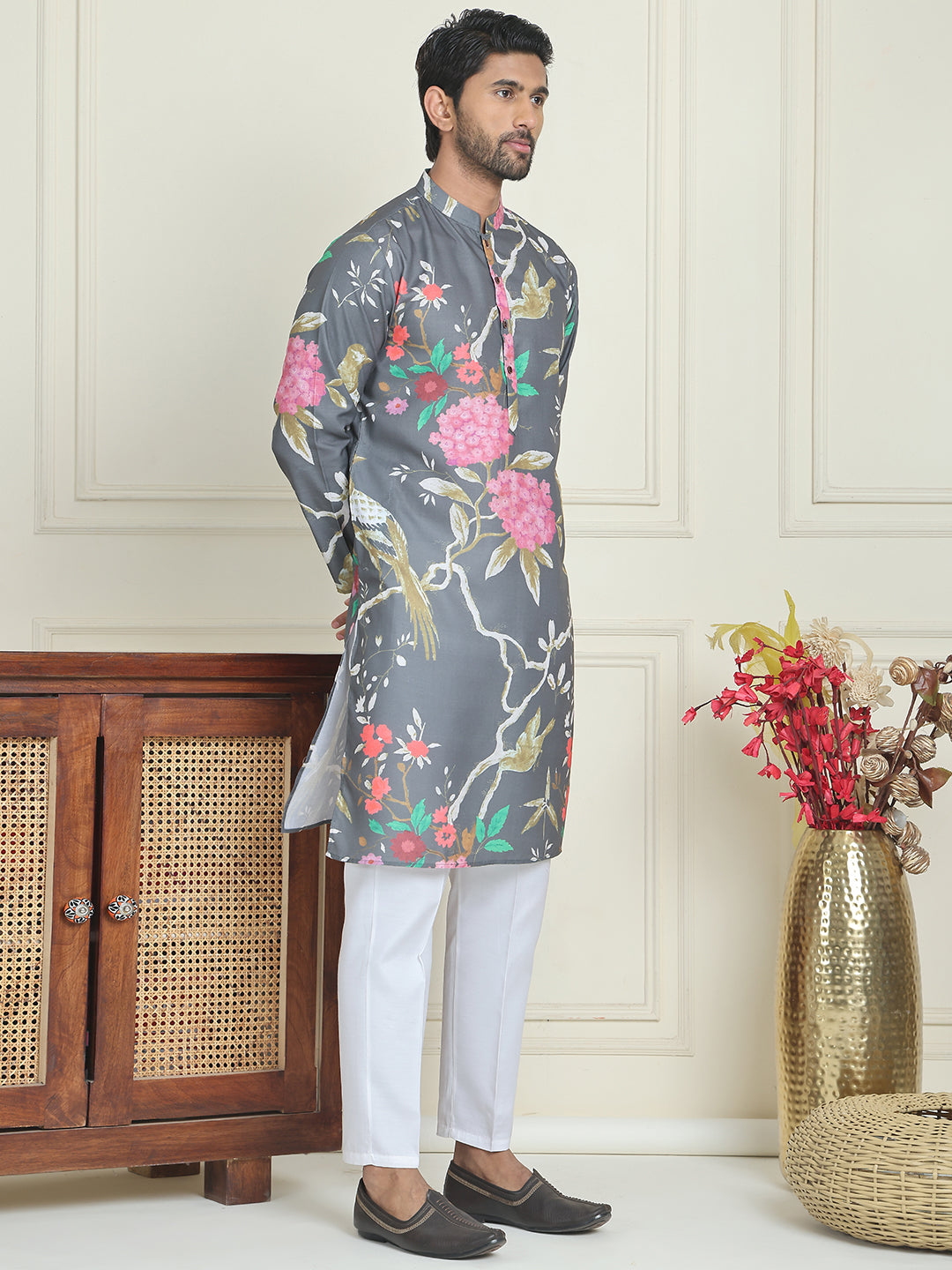 DesiQlo Men Printed Kurta Pyjama Set - Grey - JOKP_P_5079Grey_S