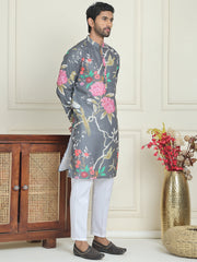 Men's Animal Printed Pure Cotton Straight Kurta Pyjama Set ( JOKP P 5079 Grey ) [FF] [Q-16-17 & P15]