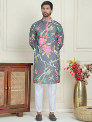 Men's Animal Printed Pure Cotton Straight Kurta Pyjama Set ( JOKP P 5079 Grey ) [FF] [Q-16-17 & P15]