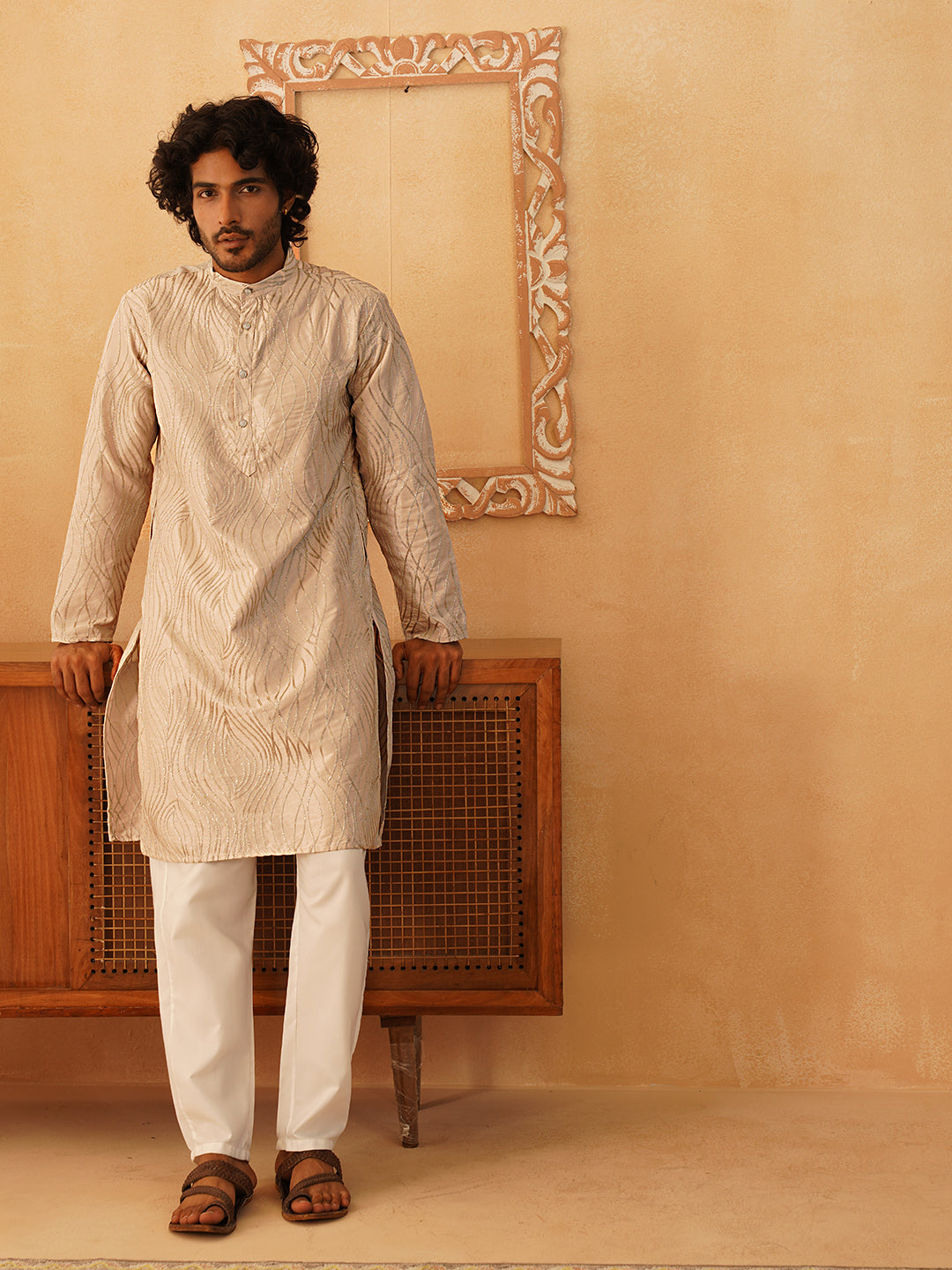 Embroidered Kurta Pyjama for Men ( JOKP P 5083Bronze ) [FF] [I-1-4]
