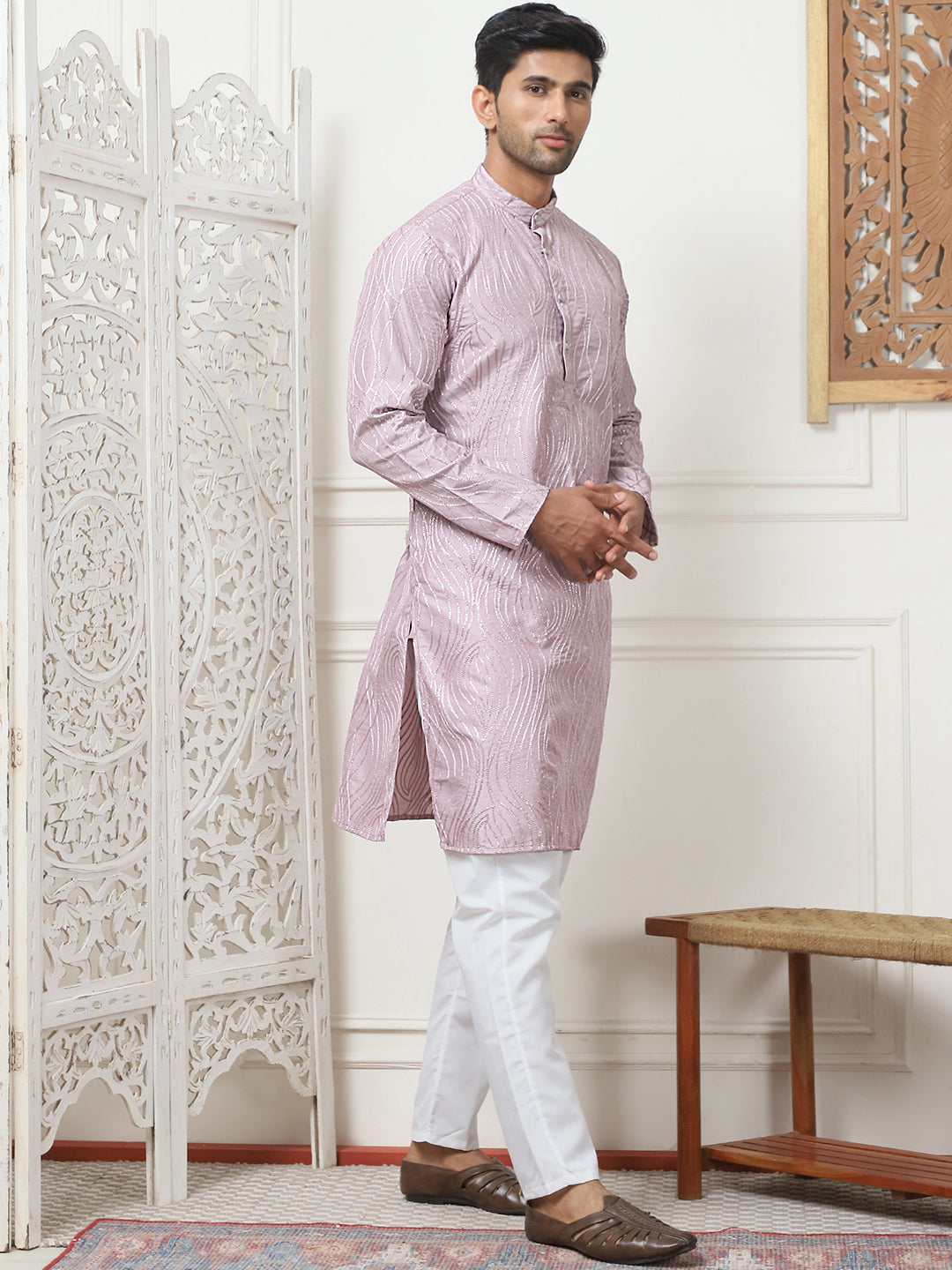 Magenta Embroidered Kurta Pajama Set for Men | Cotton Pathani