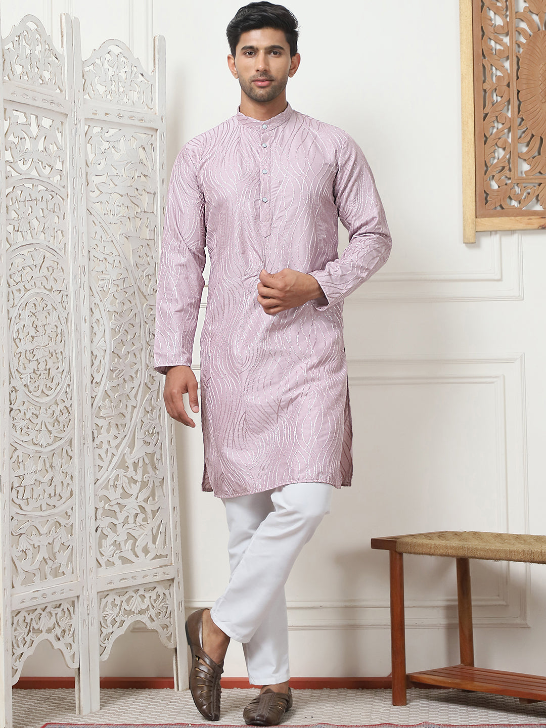 Magenta Embroidered Kurta Pajama Set for Men | Cotton Pathani