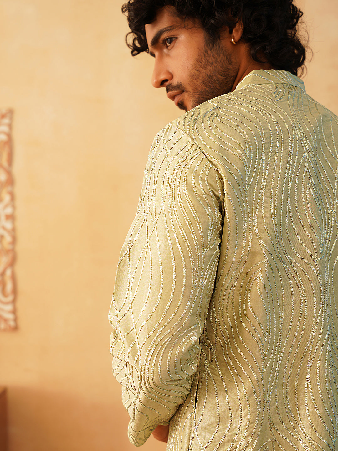 Mens Kurta Pajama Set - Embroidered Pista Cotton Blend Kurta