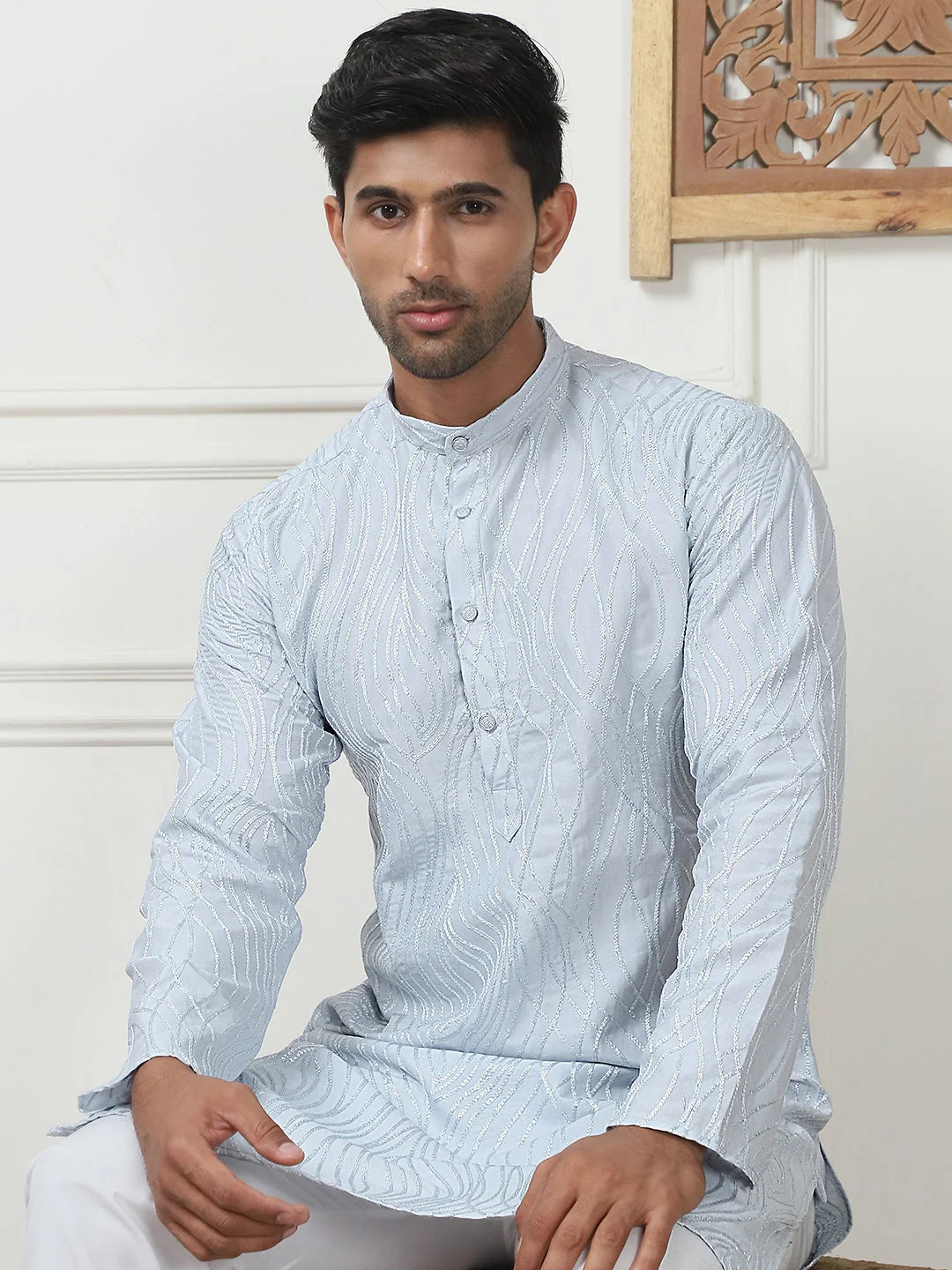 Sky Blue Embroidered Kurta Pajama Set for Men | Cotton Kurta