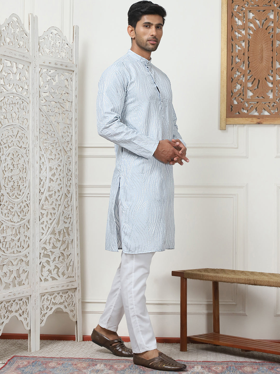 Sky Blue Embroidered Kurta Pajama Set for Men | Cotton Kurta