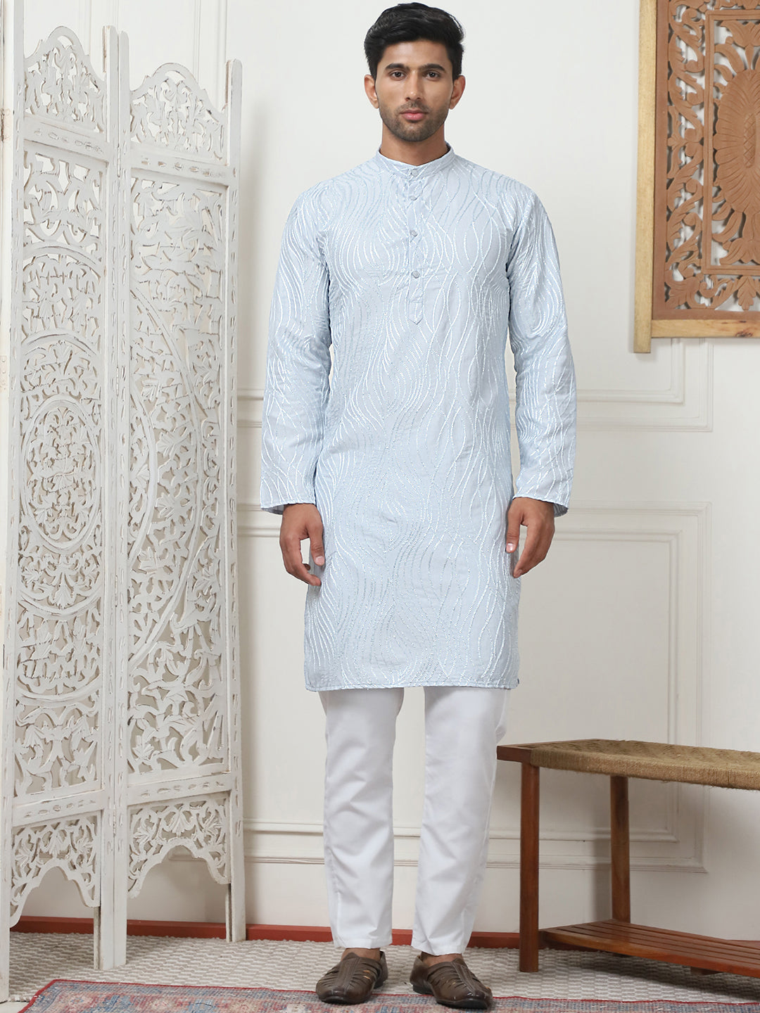 Sky Blue Embroidered Kurta Pajama Set for Men | Cotton Kurta