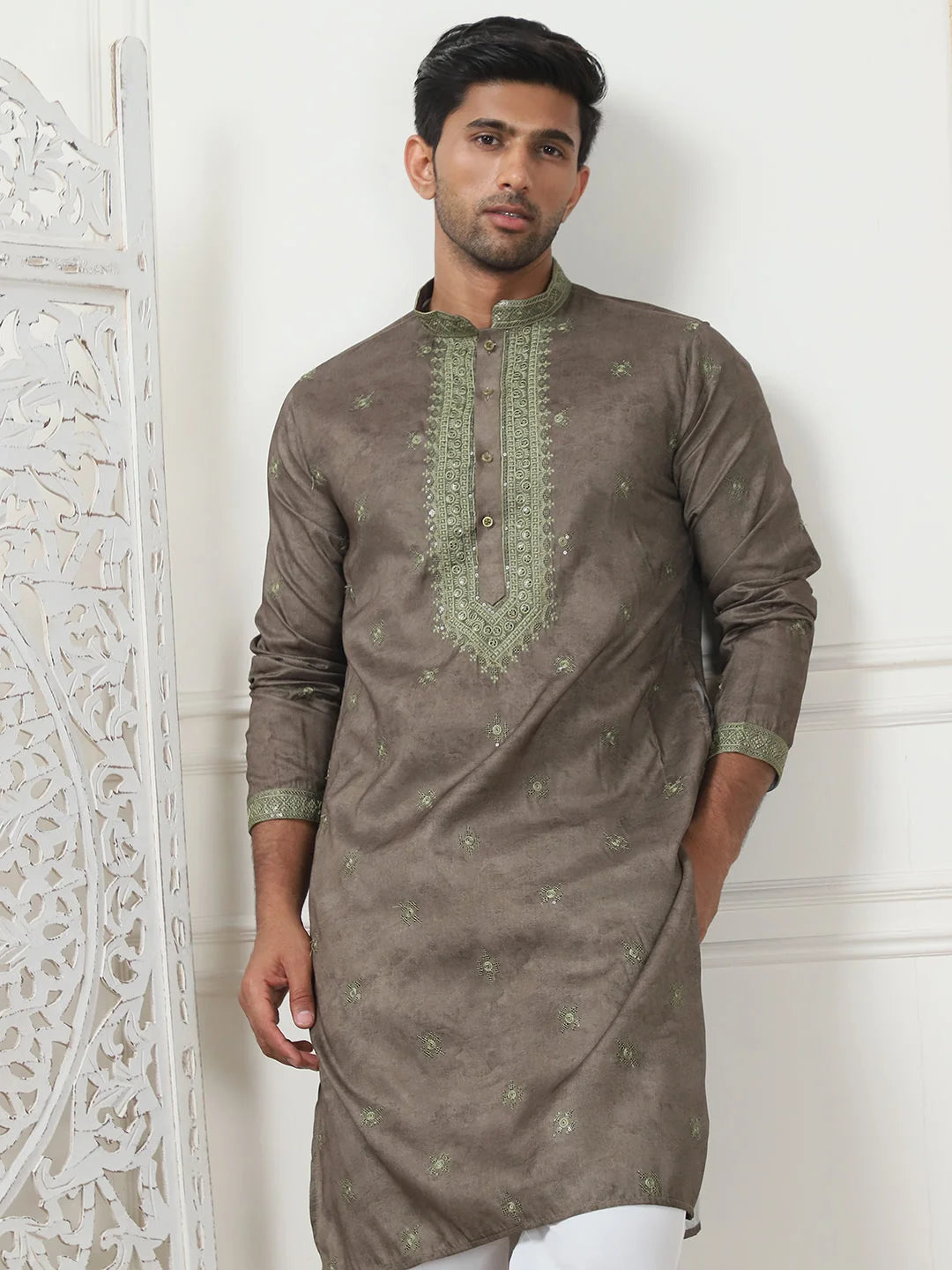 Brown Cotton Embroidered Mens Kurta Pajama Set | Pathani Style
