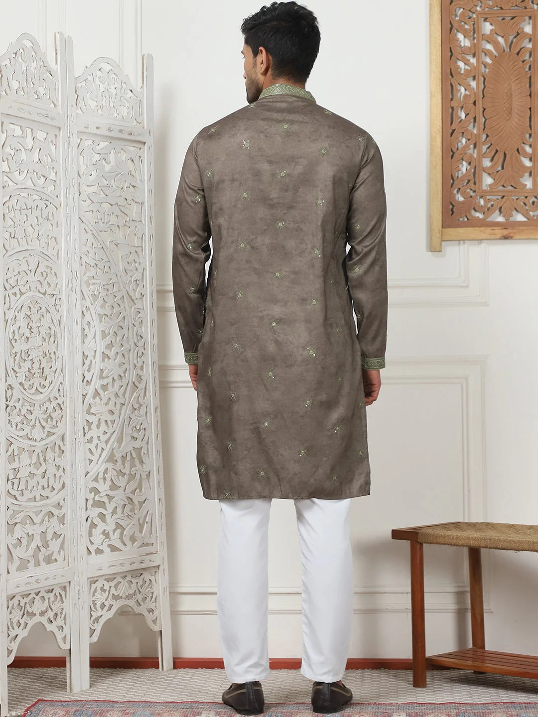 Brown Cotton Embroidered Mens Kurta Pajama Set | Pathani Style