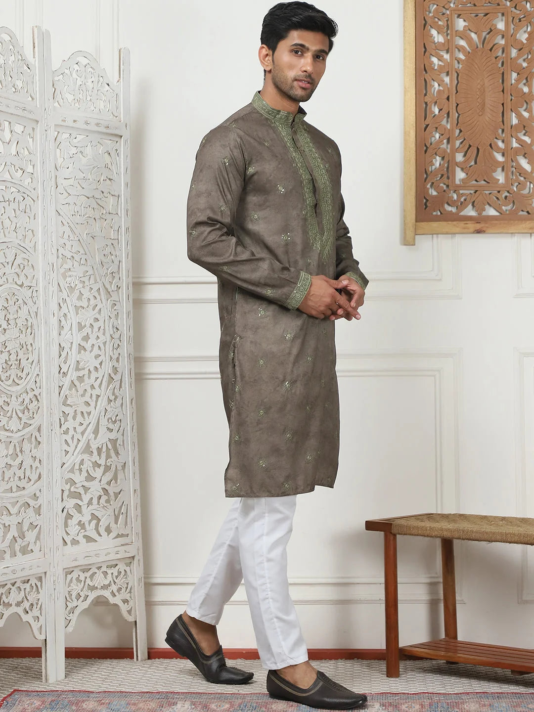 Brown Cotton Embroidered Mens Kurta Pajama Set | Pathani Style