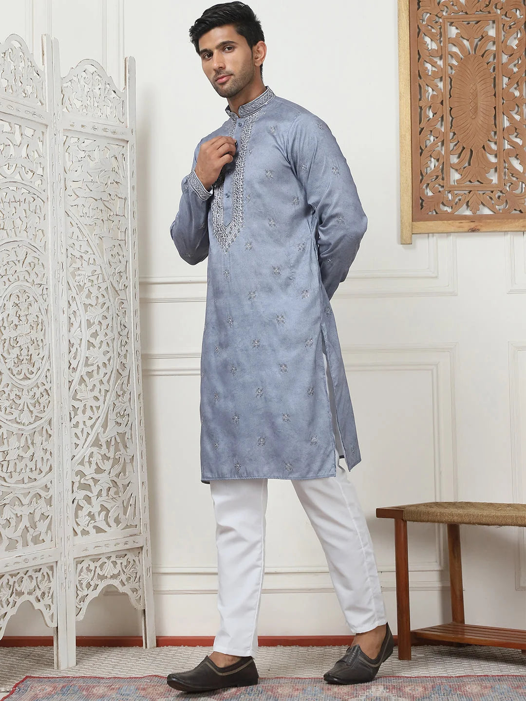 Grey Cotton Embroidered Mens Kurta Pajama Set | Pathani Design