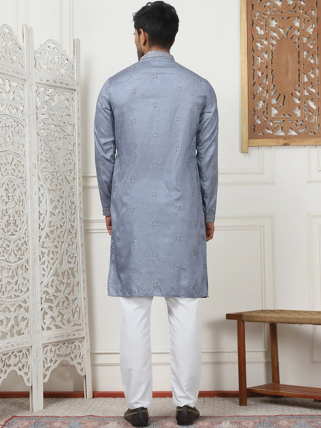 Grey Cotton Embroidered Mens Kurta Pajama Set | Pathani Design