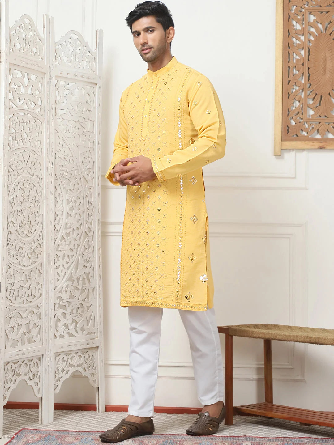 Mustard Embroidered Mens Kurta Pajama Set - Cotton Blend