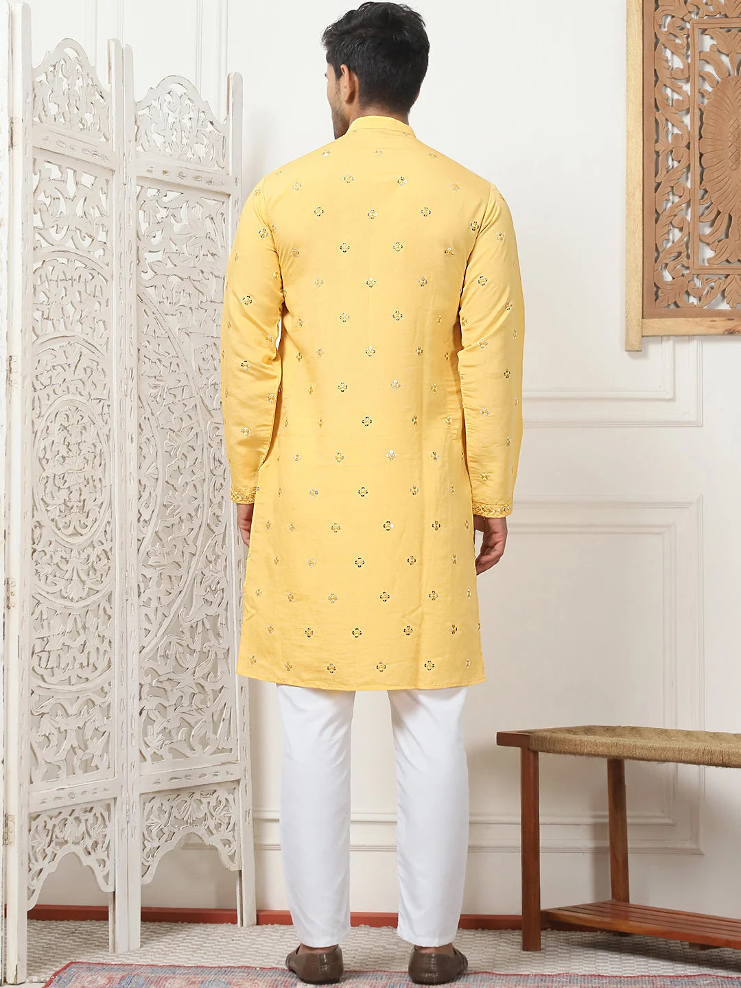 Mustard Embroidered Mens Kurta Pajama Set - Cotton Blend