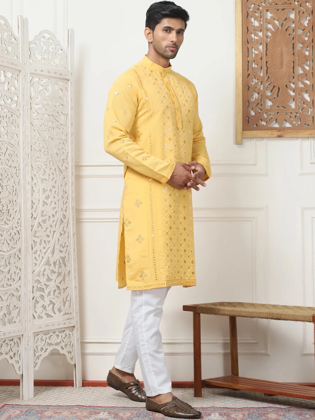 Mustard Embroidered Mens Kurta Pajama Set - Cotton Blend