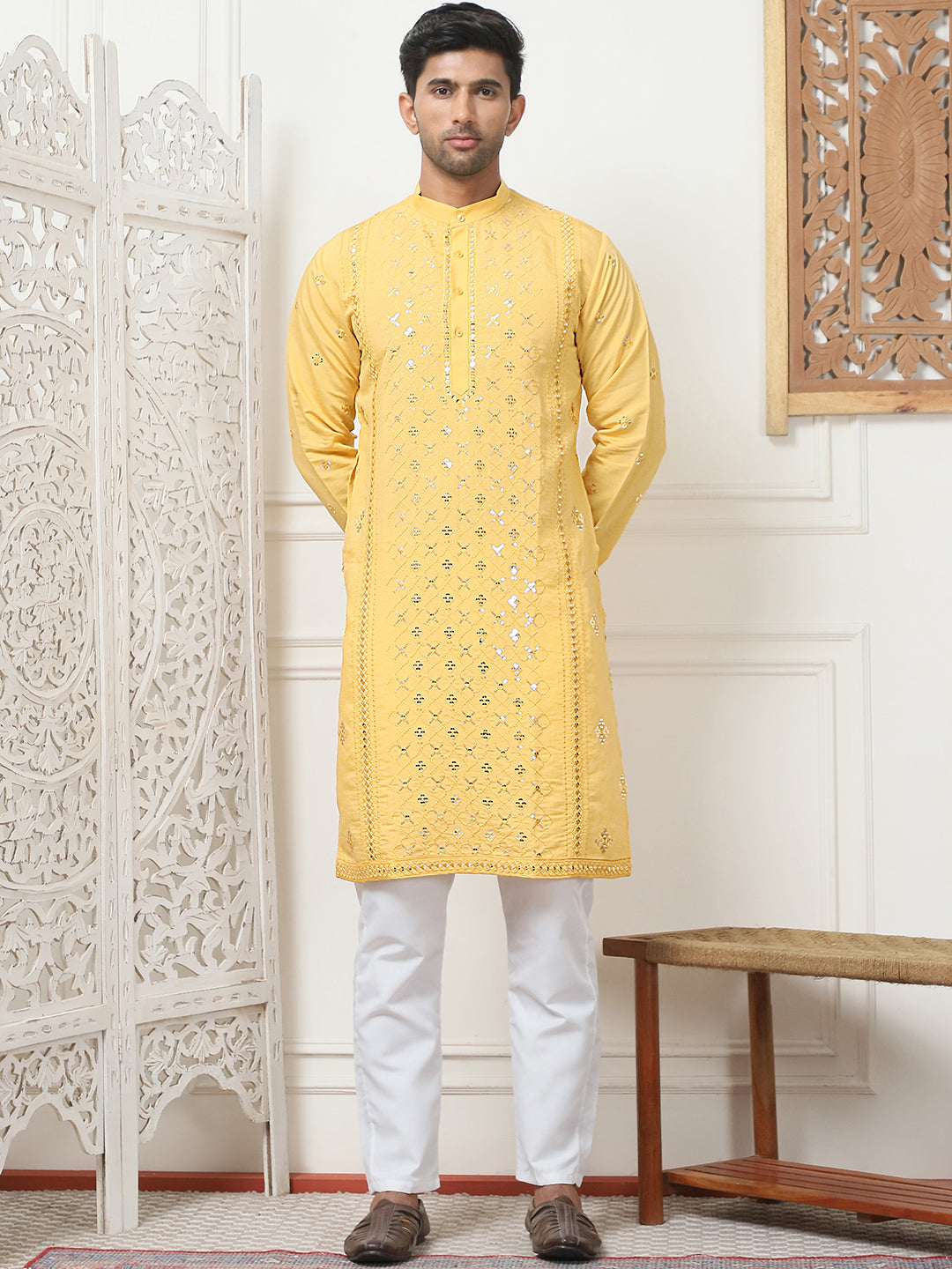 Mustard Embroidered Mens Kurta Pajama Set - Cotton Blend