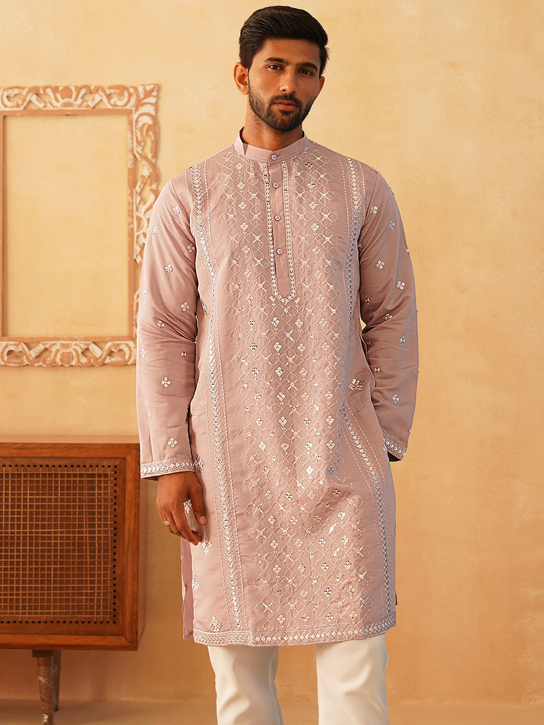 Embroidered & Sequin Cotton Blend Kurta Pyjama Sets-JOKP-P Style