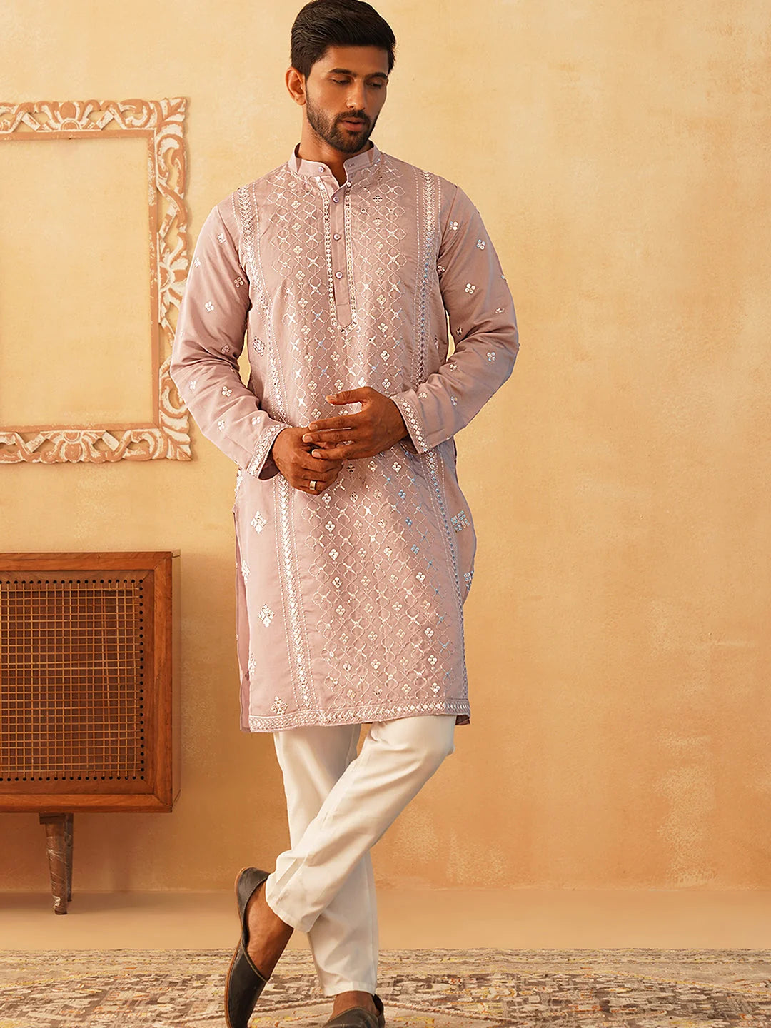 Peach Embroidered Mens Kurta Pajama Set | Cotton Pathani Style