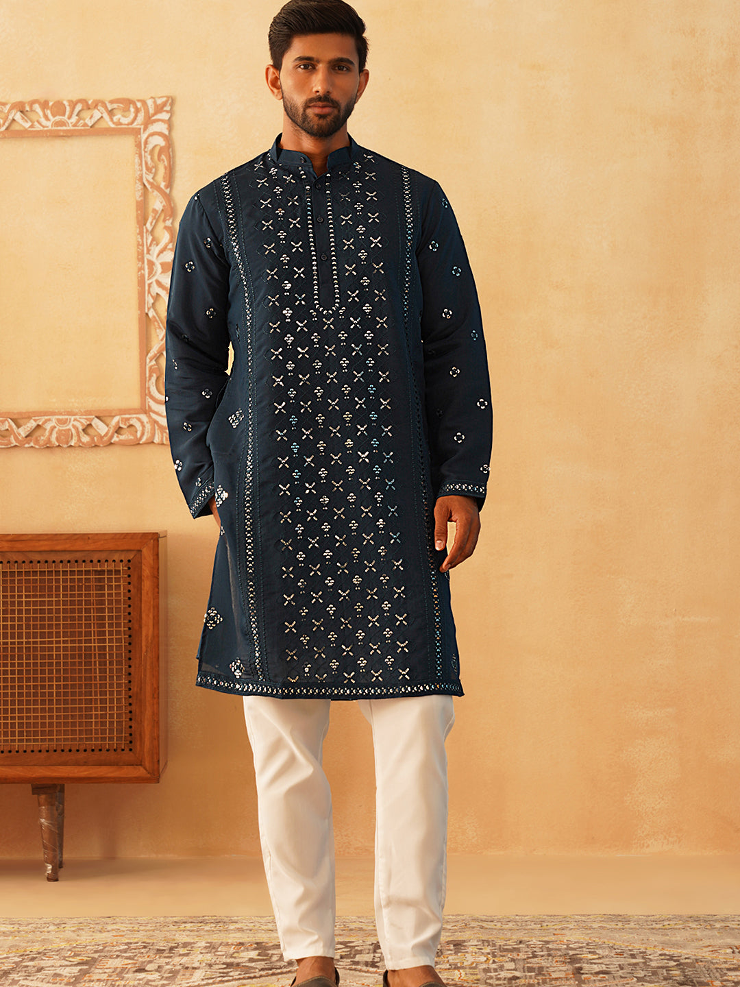 Peacock Cotton Mens Kurta Pajama Set | Embroidered Pathani