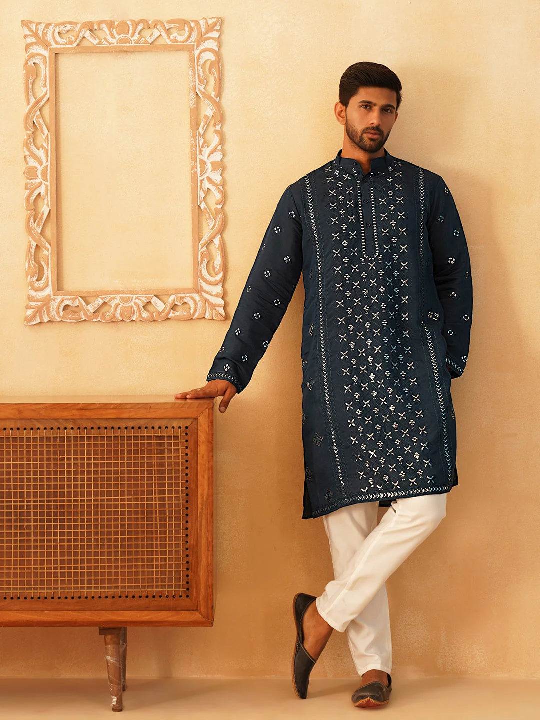Peacock Cotton Mens Kurta Pajama Set | Embroidered Pathani