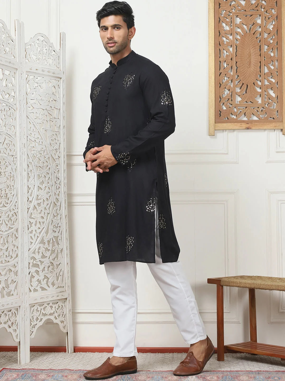 Black Embroidered Mens Kurta Pajama Set | Viscose Rayon Fabric
