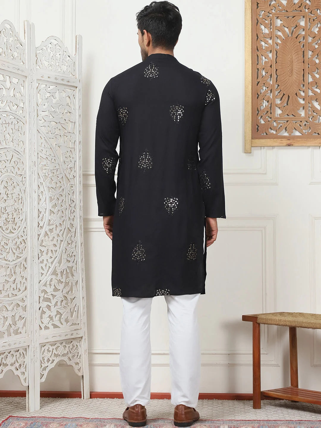 Black Embroidered Mens Kurta Pajama Set | Viscose Rayon Fabric