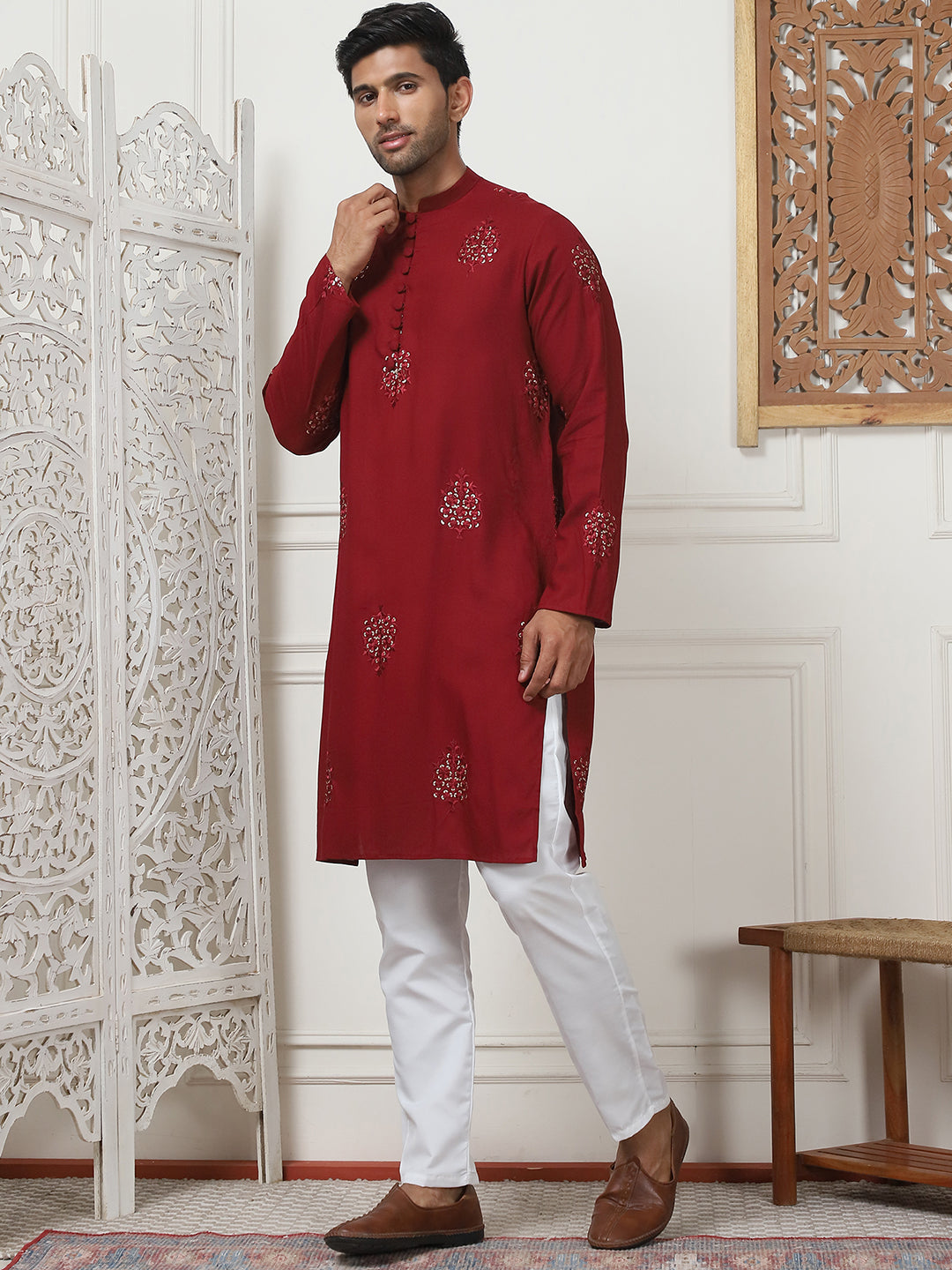 Maroon Embroidered Mens Kurta Pajama Set | Viscose Rayon